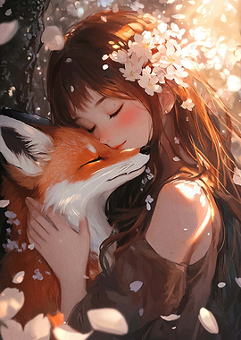 Girl and Fox Embrace