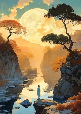 Woman Gazing at Moonlit River