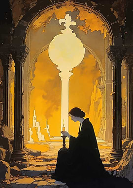 Woman with Candle in Ruins