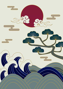Japanese Wave & Pine Tree Art