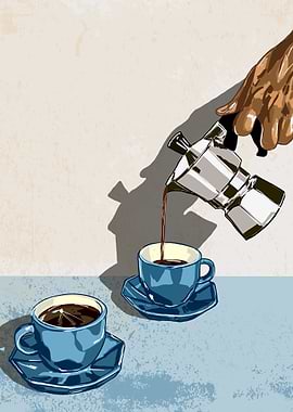 Morning Brew - Blue Coffee Cups & Moka Pot Illustration