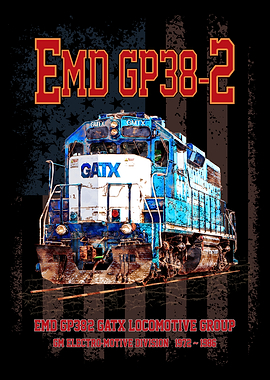 EMD GP38-2 GATX Diesel Locomotive profile and American flag. GM Electro-Motive Division Freight Trains