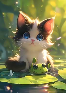 Cute Kitten and Frog Animal