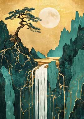 Lunar falls glowing over forest ridges