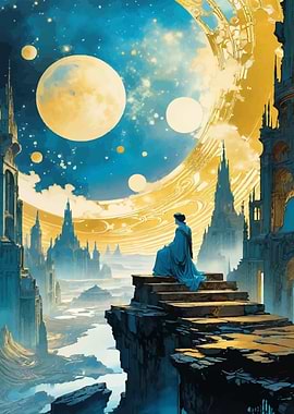 Fantasy Cityscape with Mysterious Figure