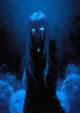 Blue Anime Girl with Skulls