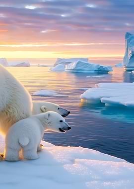 Polar Bear Family at Sunset