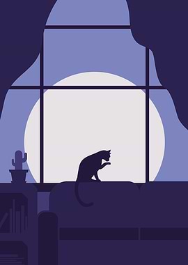 LOFI Cat Silhouetted by Moonlight