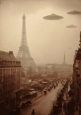 UFOs Over Paris Retro Image