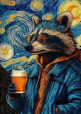 Raccoon in Starry Night