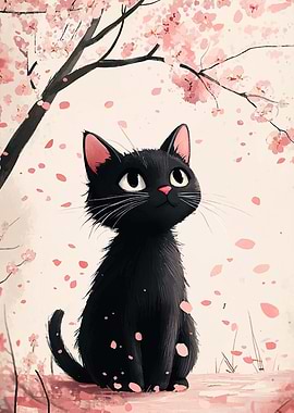 Black Cat Under Cherry Blossoms