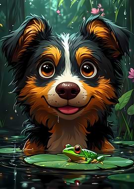 Dog Australian Shepherd and Frog in Rain