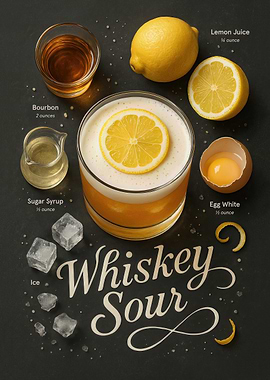 Whiskey Sour Cocktail Poster – Bourbon and Lemon