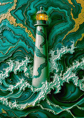 Lighthouse in Turbulent Emerald Seas – Abstract Ocean Swirls with Gold Accents