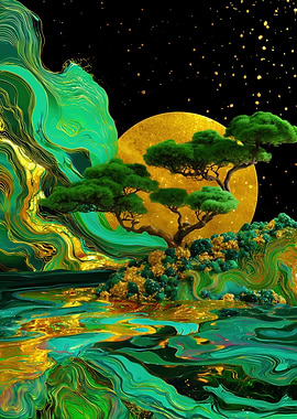 Golden Moonlit Bonsai Dreamscape