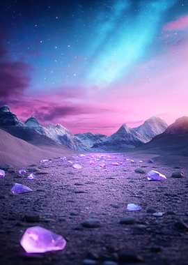 Purple Crystals in Snowy Mountains