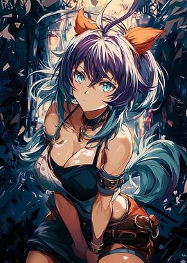 Anime Girl with Blue Hair and Orange Bow