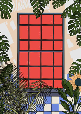Red Window with Tropical Plants