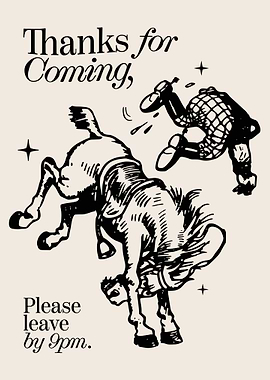 Horse Bucking Off Rider, Thanks for Coming Please Leave by 9 Pm Print, Trendy Green Living Room Decor, Retro Aesthetic Poster, Minimalist Hand Drawn Kitchen Print