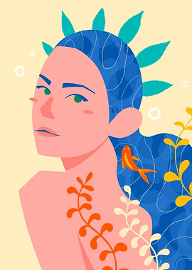 Woman with Blue Hair and Fish