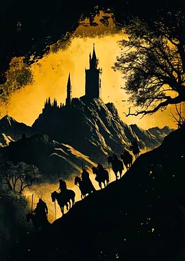 Silhouetted Riders Approaching Castle