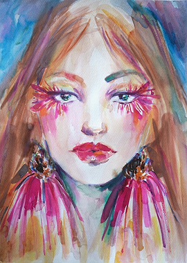 Pink Feathery Lashes. Watercolor Portrait of Woman