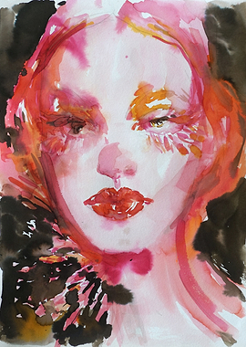 Pink and Black Watercolor Portrait of a Woman