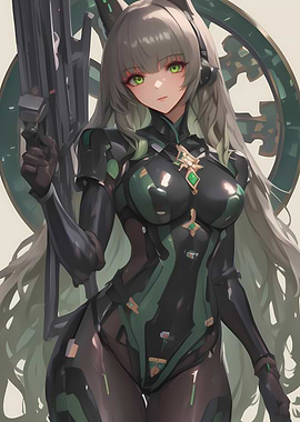Green-Eyed Anime Girl in Combat Gear Gaming