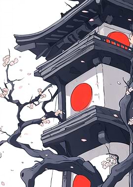 Japanese Pagoda with Cherry Blossoms