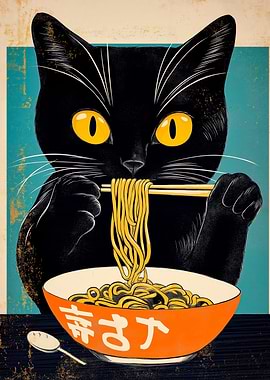 Black Cat Eating Ramen