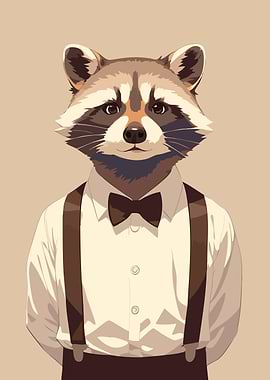 Preppy Raccoon in Bowtie Minimalist Art Illustration