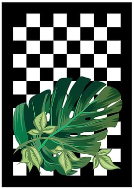 Tropical Leaf on Checkerboard