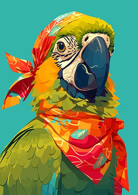 Fancy Parrot with Bandana Cute Funny Minimalist Art Illustration