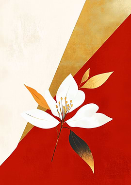 Golden Bloom – Minimal Floral Elegance - White Flower on Red and Gold