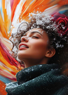 Woman in Snow with Rose