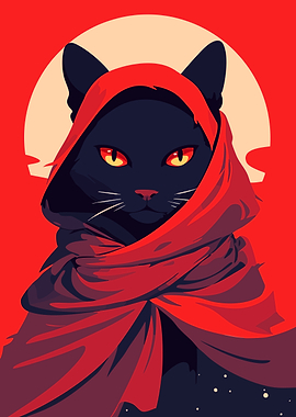 Mysterious Black Cat in Cloaks Minimalist Art Illustration