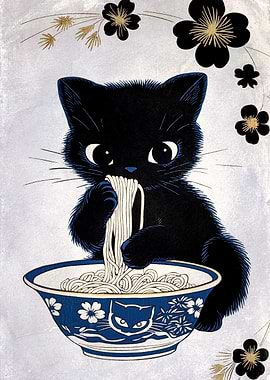 Vintage Cat Eating Noodles
