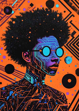 Retro-tech oracle with glowing turquoise vision