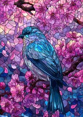 Stained Glass Bird & Blossoms
