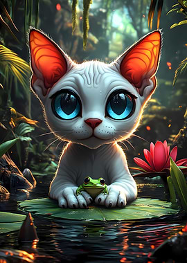 Sphynx Cat and Frog in a Pond Animal
