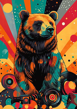 Bear with Vinyl Records | Retro Psychedelic Bear Print
