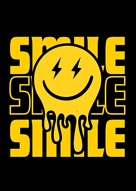 Melting Smiley Face with Lightning Eyes and Bold Smile Text