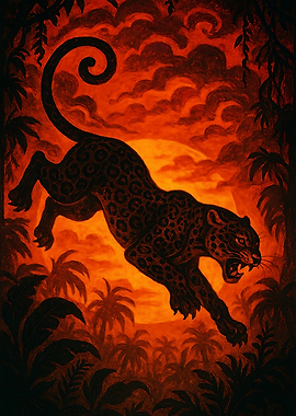 Jaguar Leaping at Sunset in Tropical Foliage