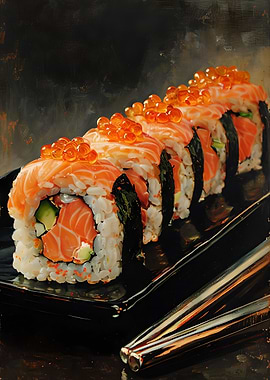 Salmon sushi rolls oil painting