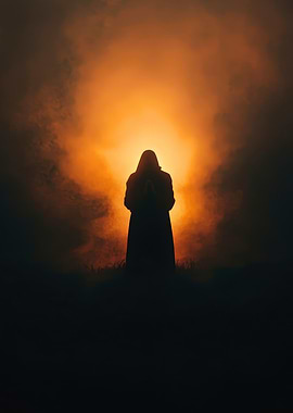 Mystic Hooded Figure in Fiery Fog with Dark Silhouette