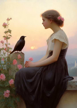 Girl and Bird at Sunset