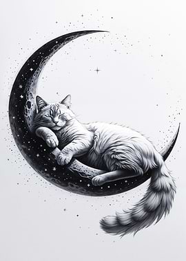 Celestial Slumber: Cat on the Crescent Moon