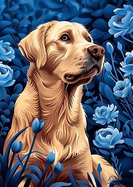 Labrador Retriever in Blue Flowers