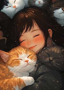 Girl Sleeping with Cats