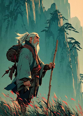 Elderly Wanderer in Mountains